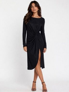 Only Black Long Sleeve Knot Dress XL | Metallic Bodycon Side Knot Midi Dress
